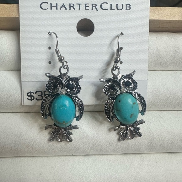 Charter Club Owl Drop Earrings – Turquoise-Style Stones, Silver Tone - Picture 3 of 5